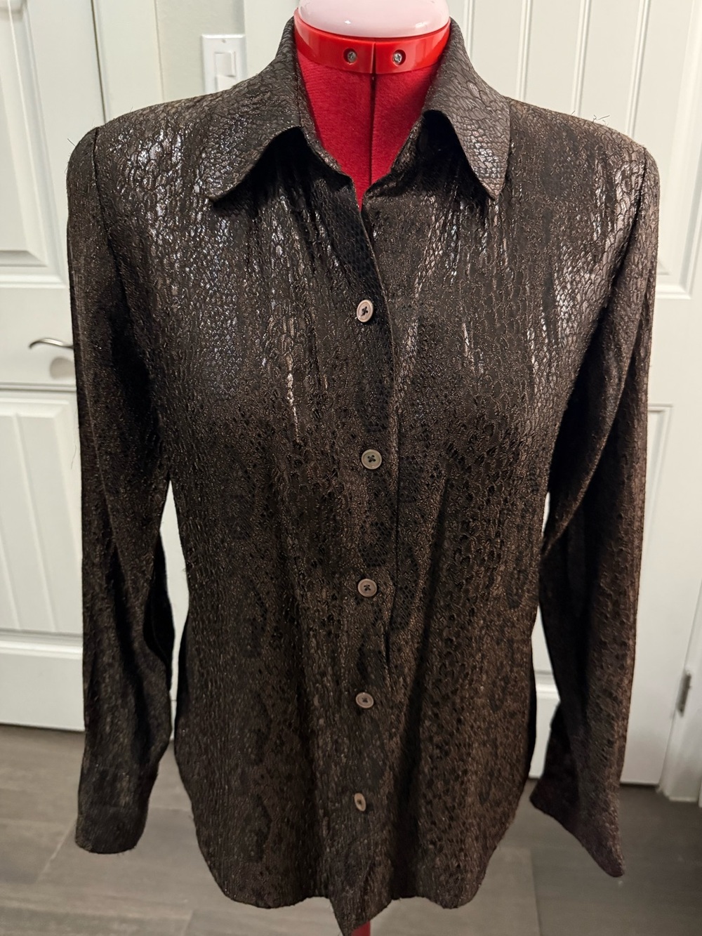 Y2K Ellen Tracy Metallic Snake Skin Brown Textured Button-Down Shirt Sz 10P